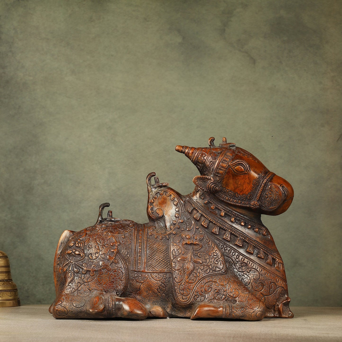 Pure Brass Fully Carved Nandi Statue - 8"