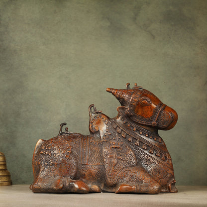 Pure Brass Fully Carved Nandi Statue - 8"