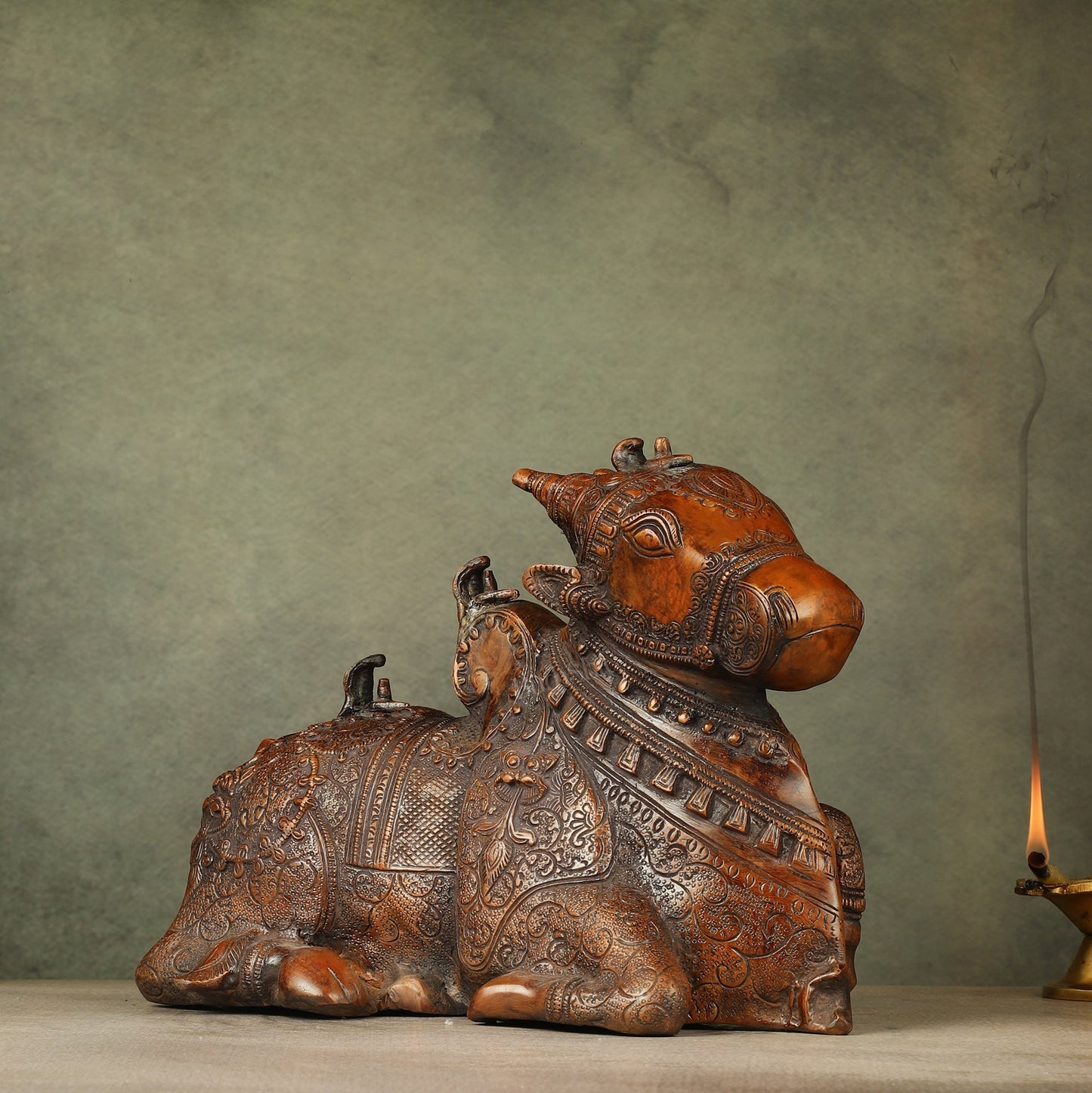 Pure Brass Fully Carved Nandi Statue - 8"