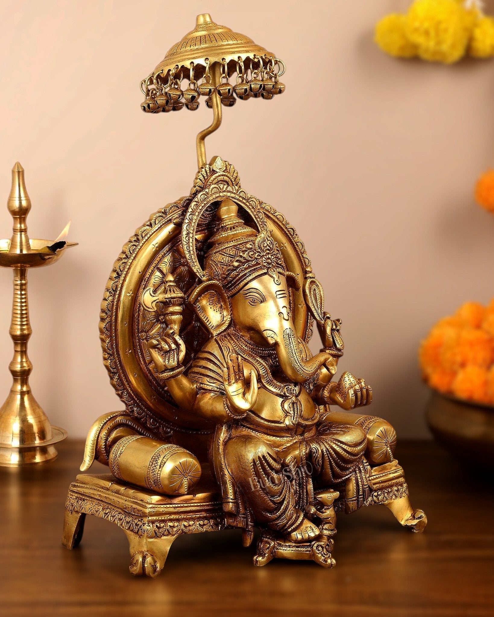 Pure Brass Ganapati Statue - 18 Inches | Ganesha on Royal Throne