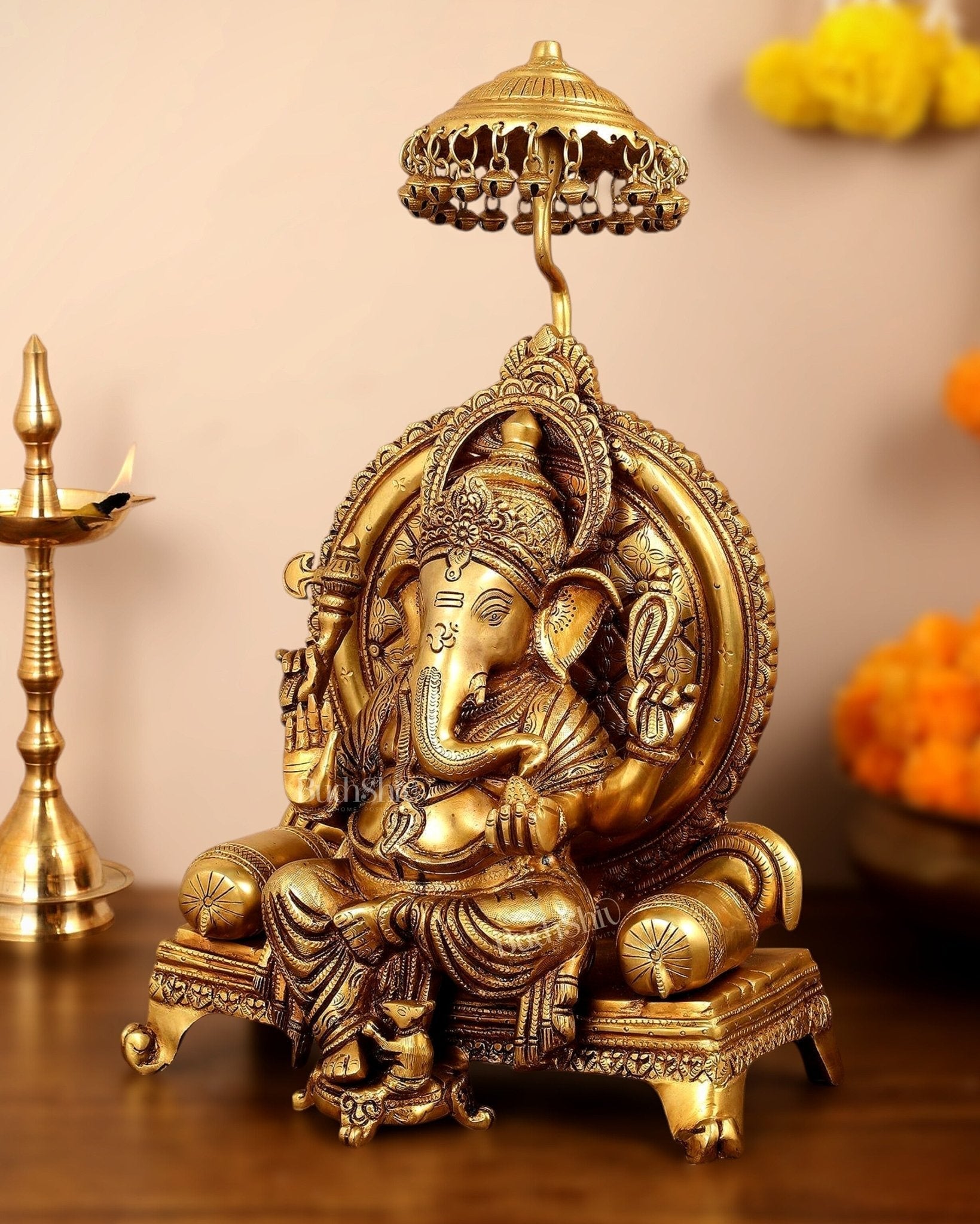 Pure Brass Ganapati Statue - 18 Inches | Ganesha on Royal Throne