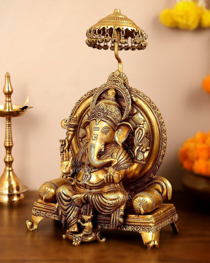 Pure Brass Ganapati Statue - 18 Inches | Ganesha on Royal Throne