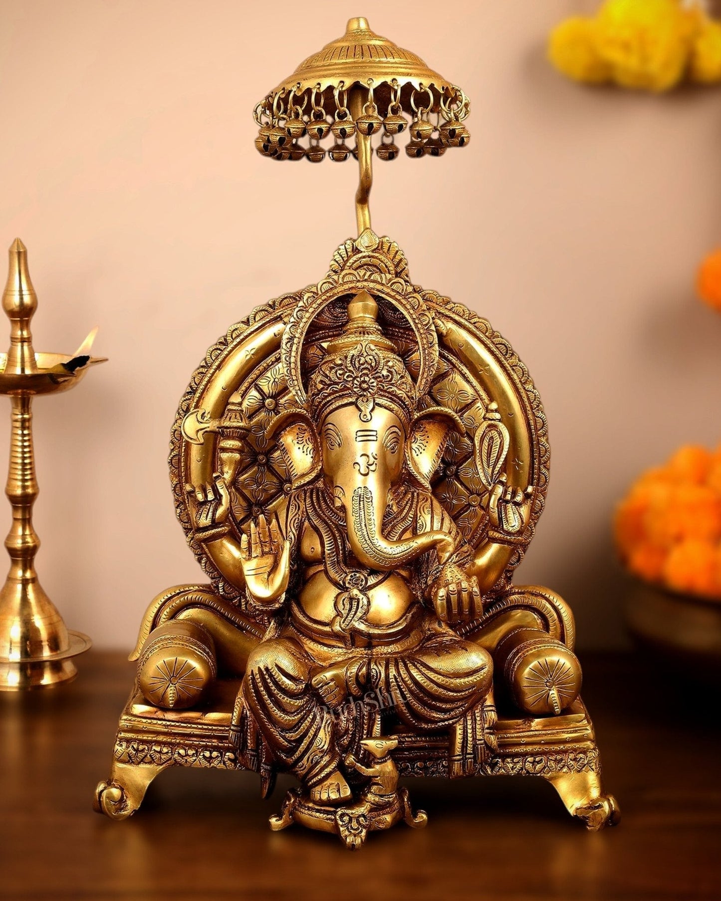 Pure Brass Ganapati Statue - 18 Inches | Ganesha on Royal Throne
