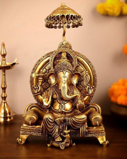 Pure Brass Ganapati Statue - 18 Inches | Ganesha on Royal Throne