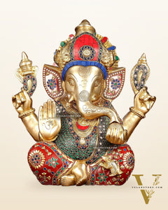 Pure Brass Ganapati Statue multicolour work 15"