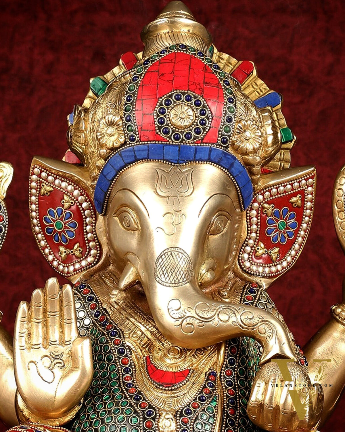 Pure Brass Ganapati Statue multicolour work 15"