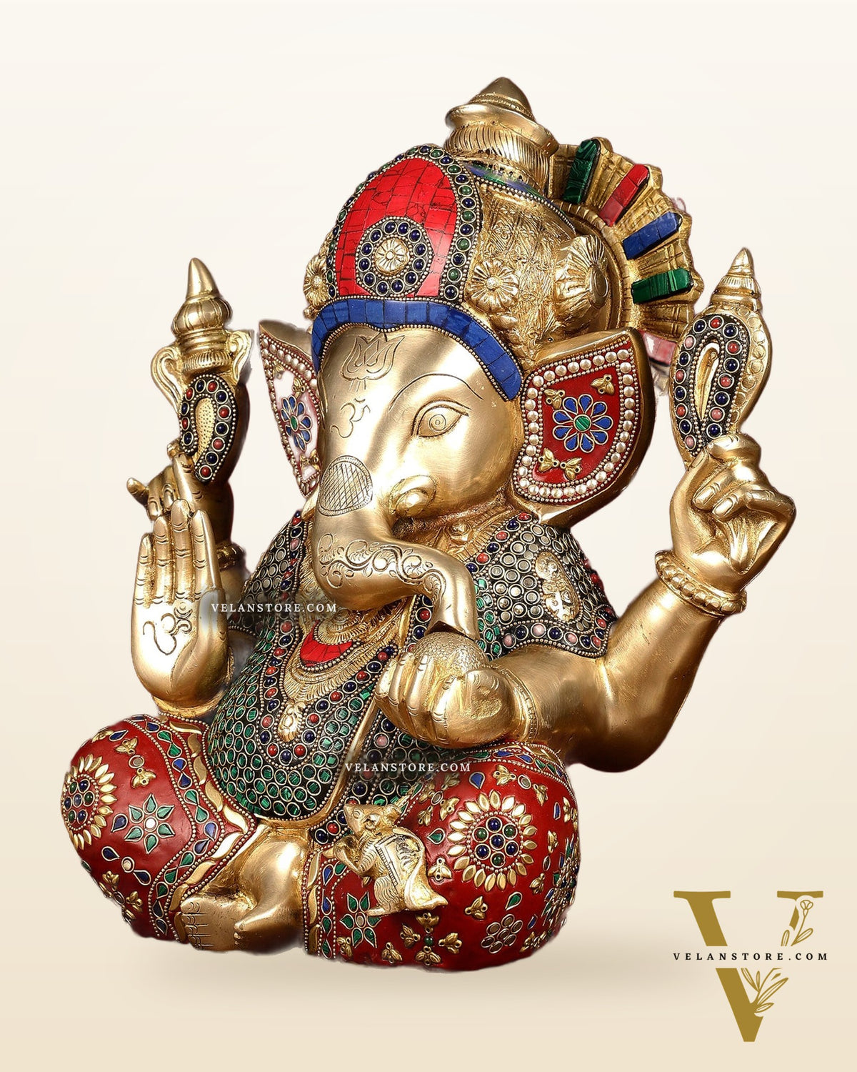Pure Brass Ganapati Statue multicolour work 15"