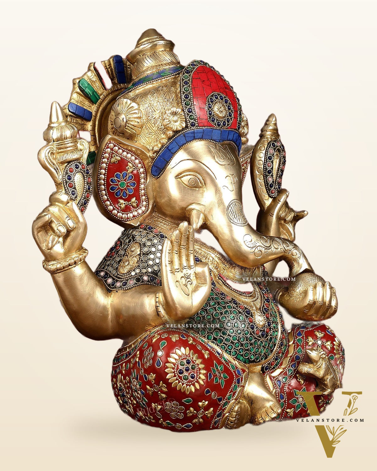 Pure Brass Ganapati Statue multicolour work 15"