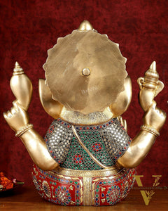 Pure Brass Ganapati Statue multicolour work 15"