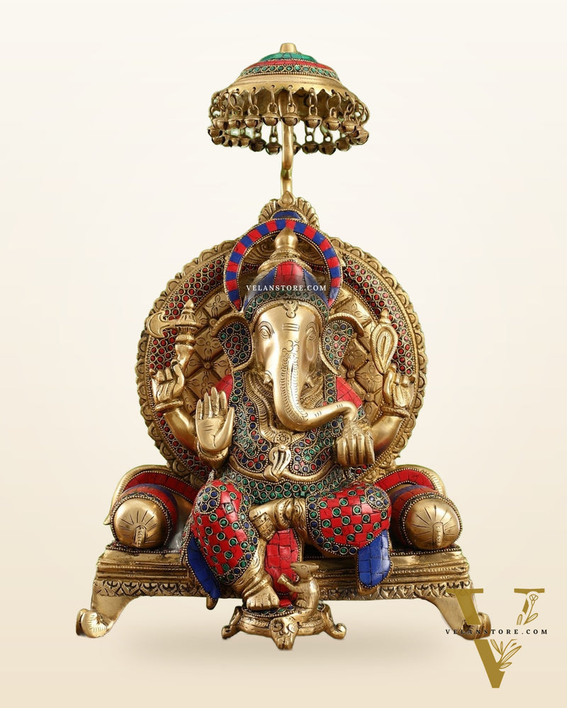 Pure Brass Ganapati Statue with Natural Stones – 18 Inches Tall