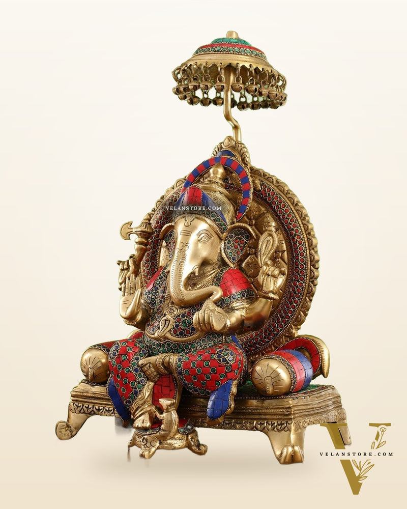 Pure Brass Ganapati Statue with Natural Stones – 18 Inches Tall