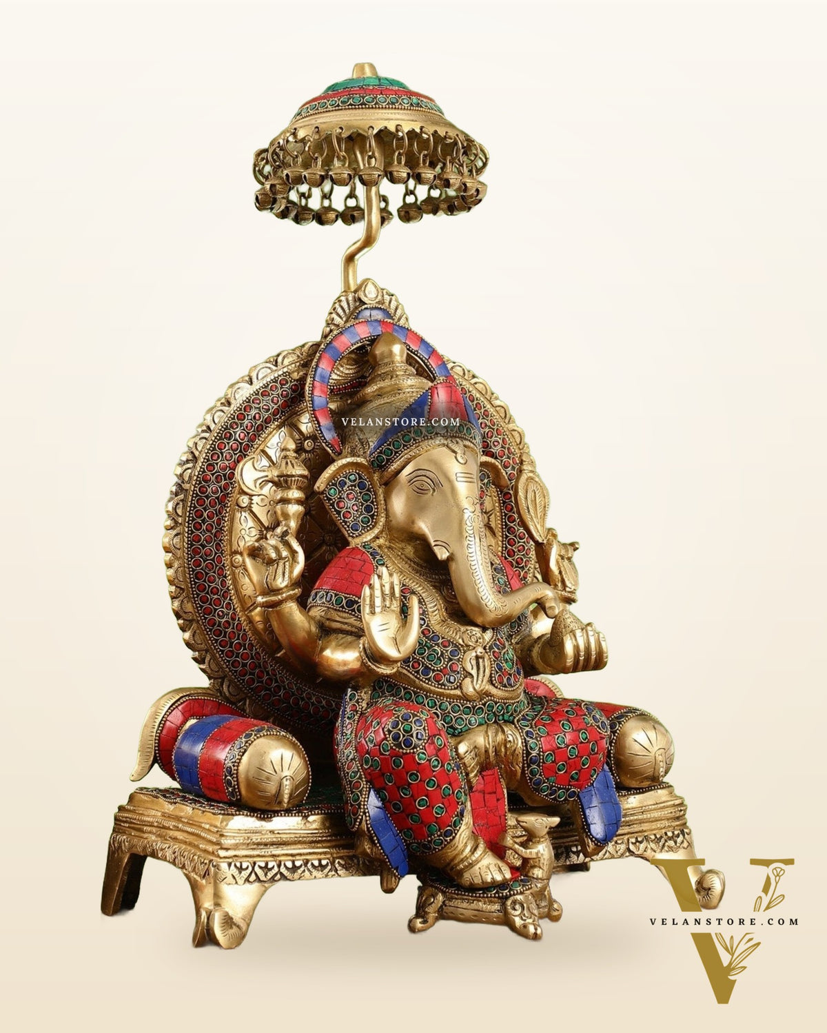 Pure Brass Ganapati Statue with Natural Stones – 18 Inches Tall