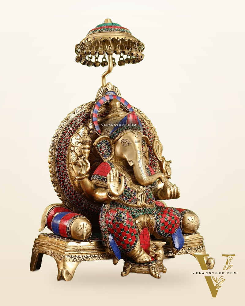 Pure Brass Ganapati Statue with Natural Stones – 18 Inches Tall