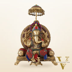 Pure Brass Ganapati Statue with Natural Stones – 18 Inches Tall