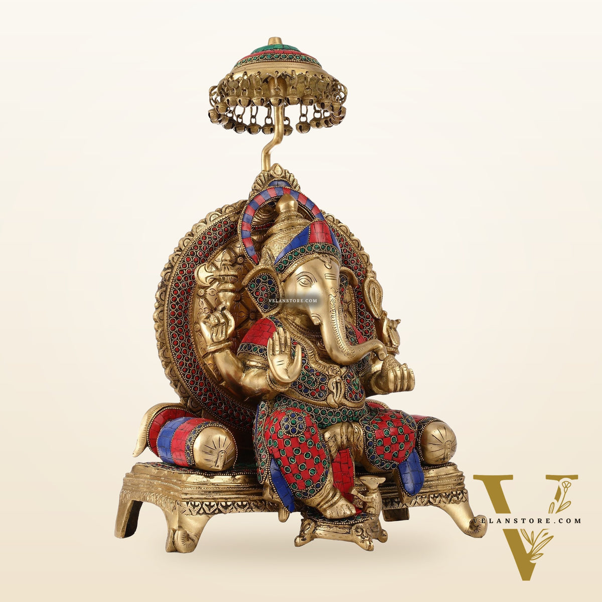Pure Brass Ganapati Statue with Natural Stones – 18 Inches Tall