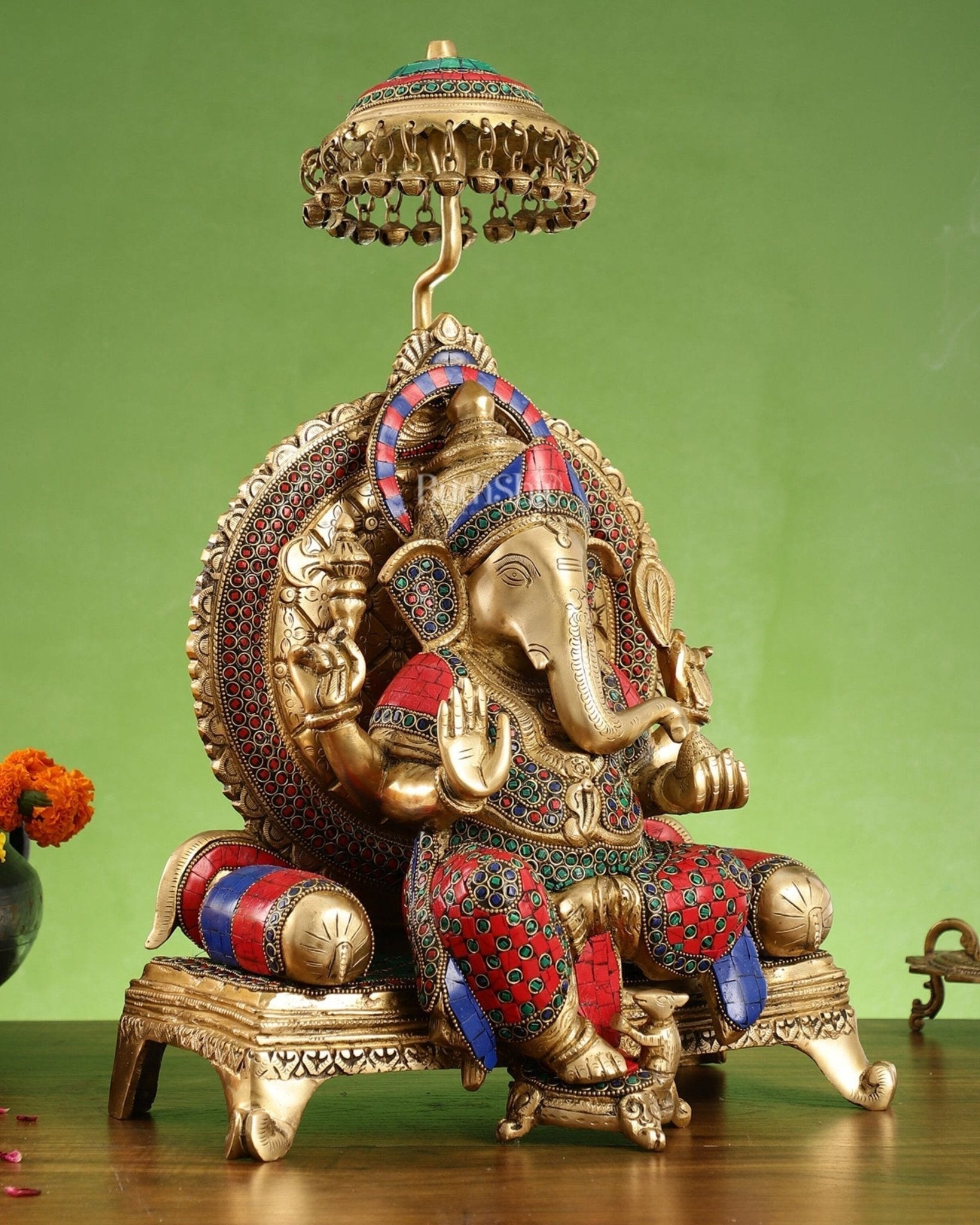 Pure Brass Ganapati Statue with Natural Stones – 18 Inches Tall