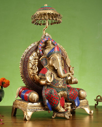 Pure Brass Ganapati Statue with Natural Stones – 18 Inches Tall