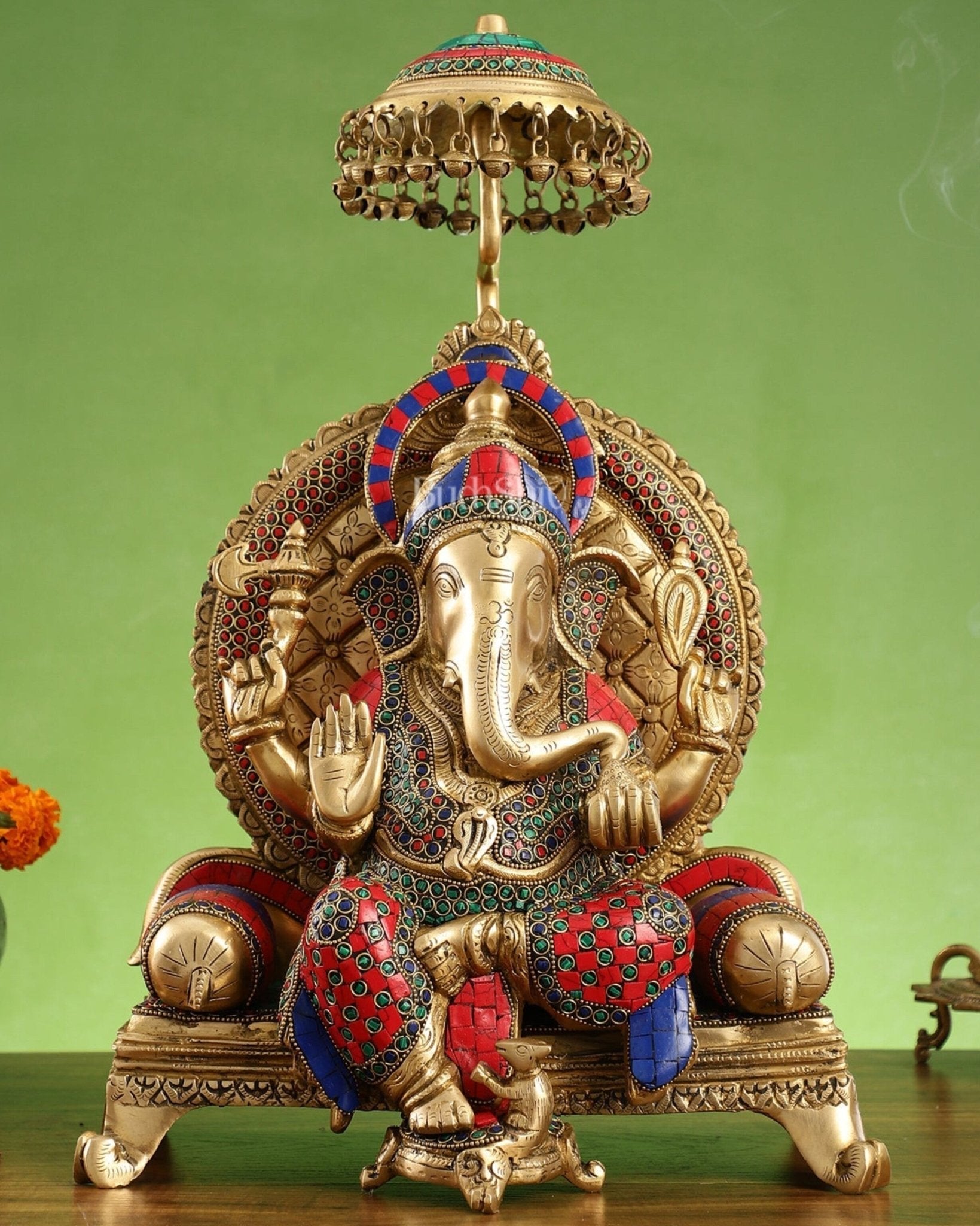 Pure Brass Ganapati Statue with Natural Stones – 18 Inches Tall