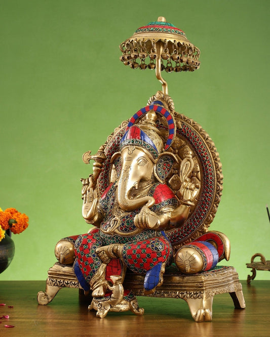 Pure Brass Ganapati Statue with Natural Stones – 18 Inches Tall