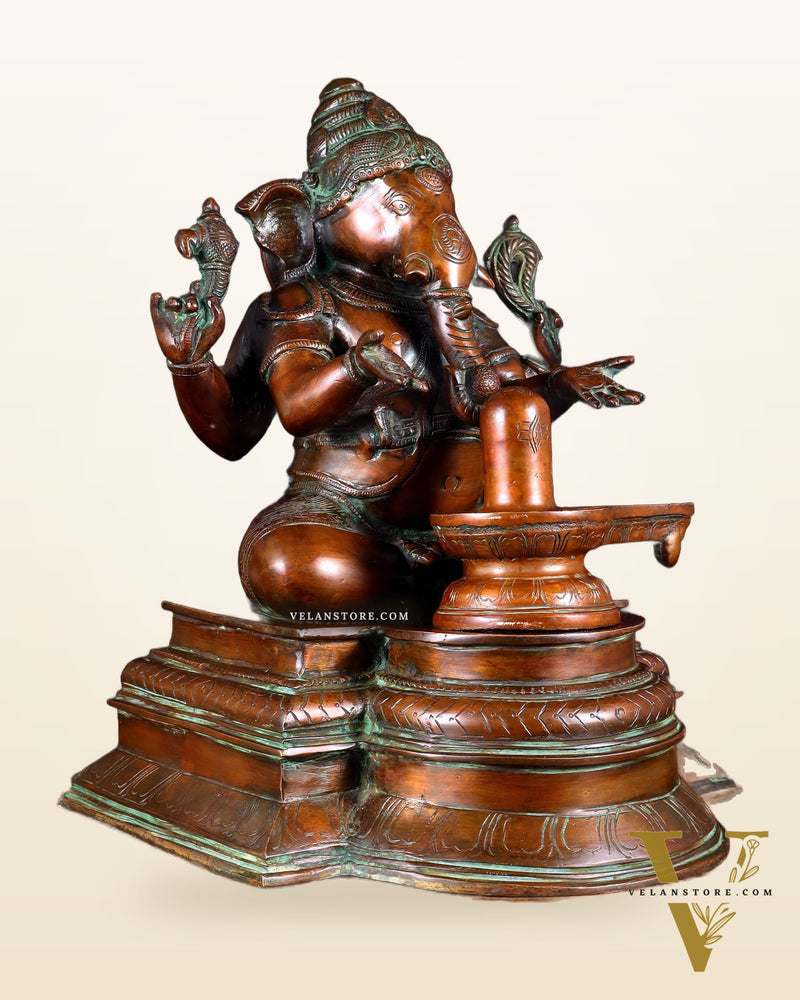 Pure Brass Ganapati with Shiv Ling Statue 14.5 Inch