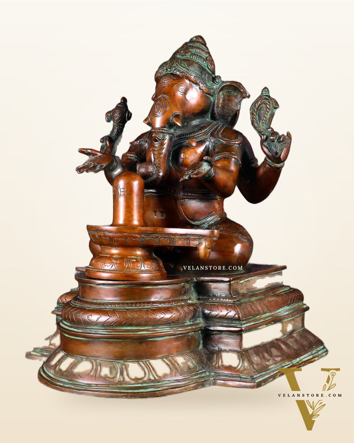 Pure Brass Ganapati with Shiv Ling Statue 14.5 Inch