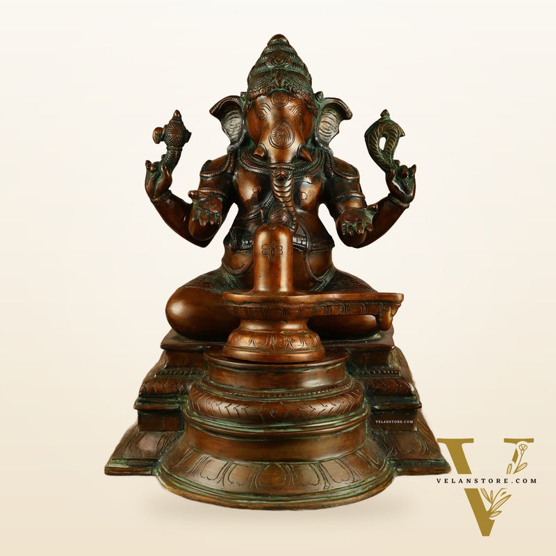 Pure Brass Ganapati with Shiv Ling Statue | Antique Bronze Finish | 14.5 Inch