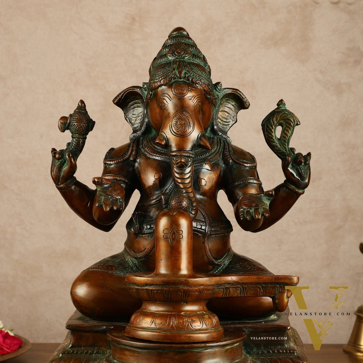 Pure Brass Ganapati with Shiv Ling Statue | Antique Bronze Finish | 14.5 Inch