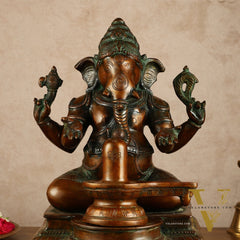Pure Brass Ganapati with Shiv Ling Statue | Antique Bronze Finish | 14.5 Inch