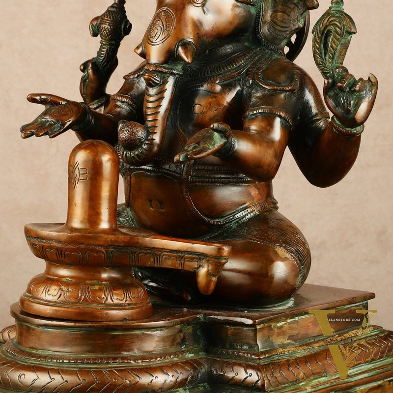 Pure Brass Ganapati with Shiv Ling Statue | Antique Bronze Finish | 14.5 Inch