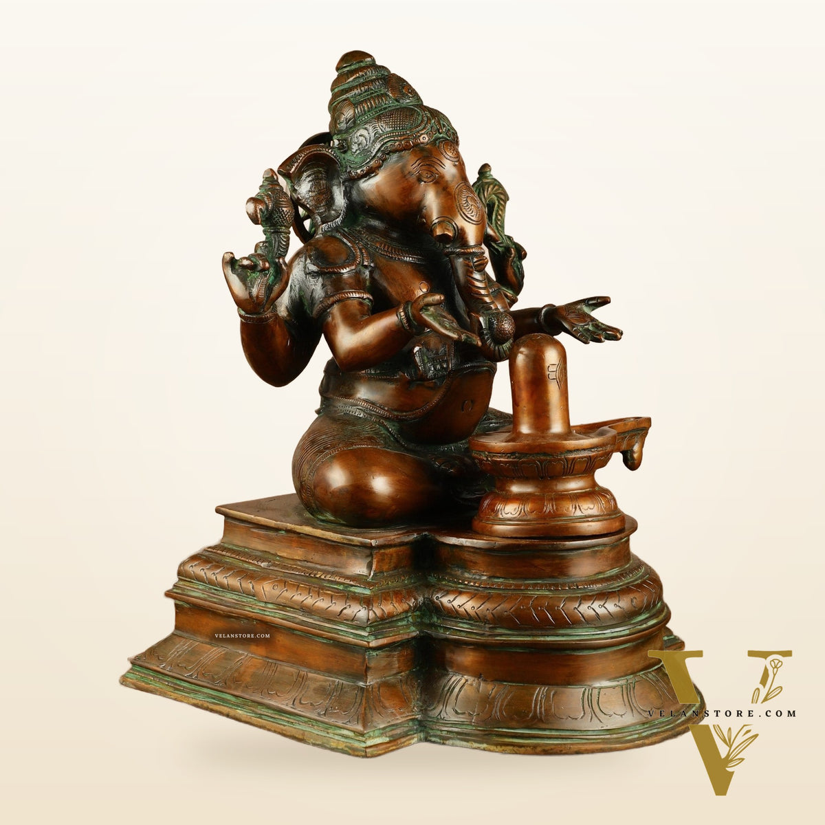 Pure Brass Ganapati with Shiv Ling Statue | Antique Bronze Finish | 14.5 Inch
