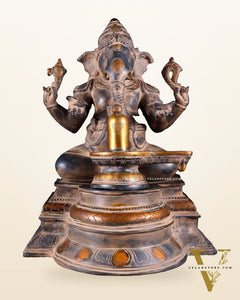 Pure Brass Ganapati with Shiv Ling Statue | Vintage Patina | 14 Inch