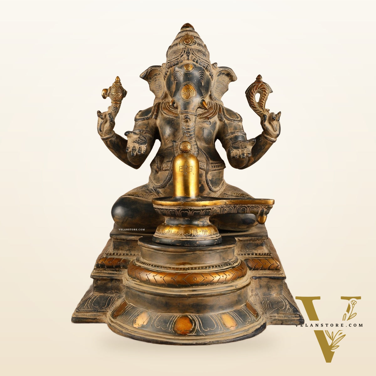 Pure Brass Ganapati with Shiv Ling Statue | Vintage Patina | 14 Inch