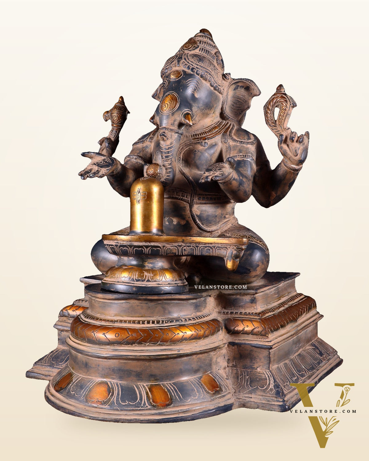 Pure Brass Ganapati with Shiv Ling Statue | Vintage Patina | 14 Inch