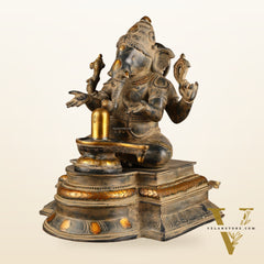 Pure Brass Ganapati with Shiv Ling Statue | Vintage Patina | 14 Inch