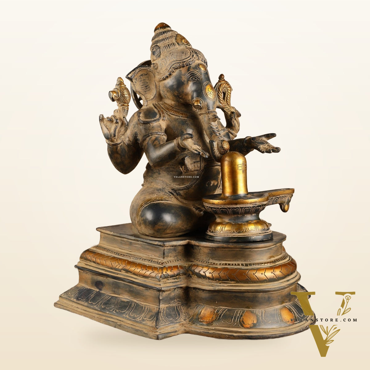 Pure Brass Ganapati with Shiv Ling Statue | Vintage Patina | 14 Inch