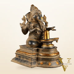 Pure Brass Ganapati with Shiv Ling Statue | Vintage Patina | 14 Inch