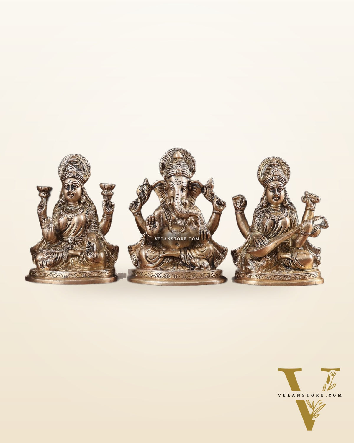 Pure Brass Ganesh, lakshmi and Saraswati idols set 6"