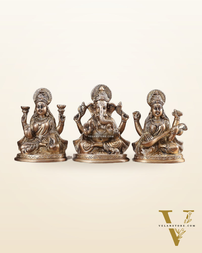 Pure Brass Ganesh, lakshmi and Saraswati idols set 6"