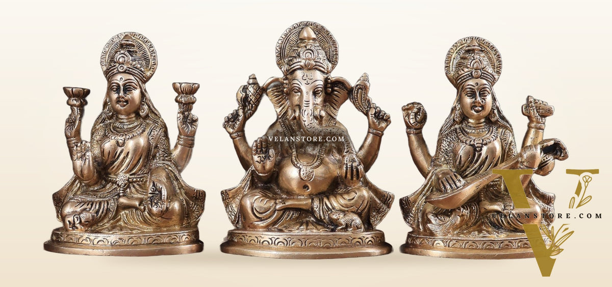 Pure Brass Ganesh, lakshmi and Saraswati idols set 6"