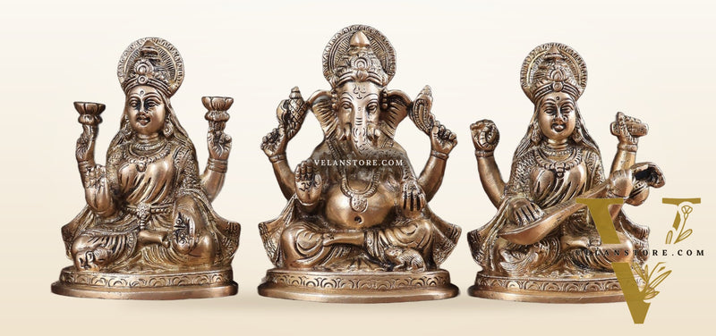 Pure Brass Ganesh, lakshmi and Saraswati idols set 6"