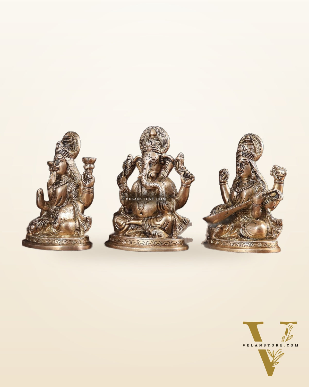 Pure Brass Ganesh, lakshmi and Saraswati idols set 6"