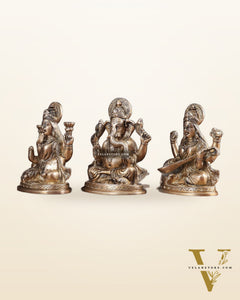 Pure Brass Ganesh, lakshmi and Saraswati idols set 6"