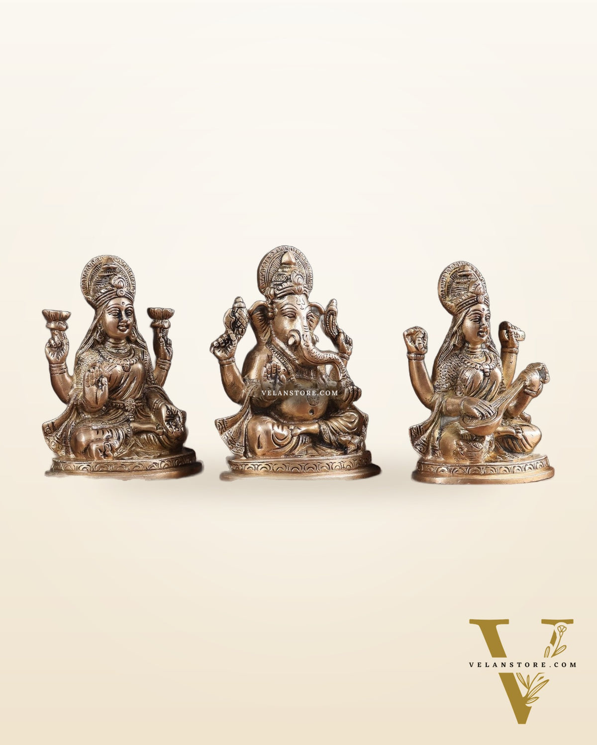 Pure Brass Ganesh, lakshmi and Saraswati idols set 6"