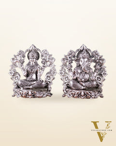 Pure Brass Ganesh Lakshmi Idol - 4 Inch silver plated