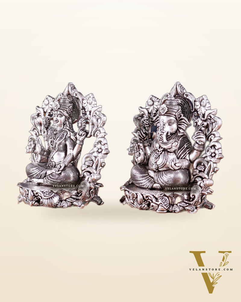 Pure Brass Ganesh Lakshmi Idol - 4 Inch silver plated