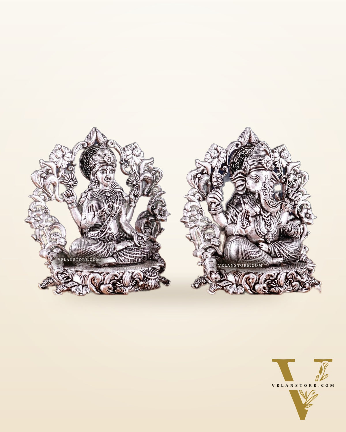 Pure Brass Ganesh Lakshmi Idol - 4 Inch silver plated