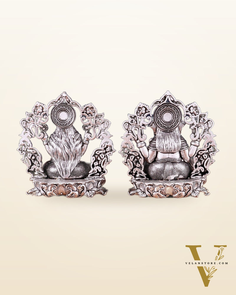 Pure Brass Ganesh Lakshmi Idol - 4 Inch silver plated