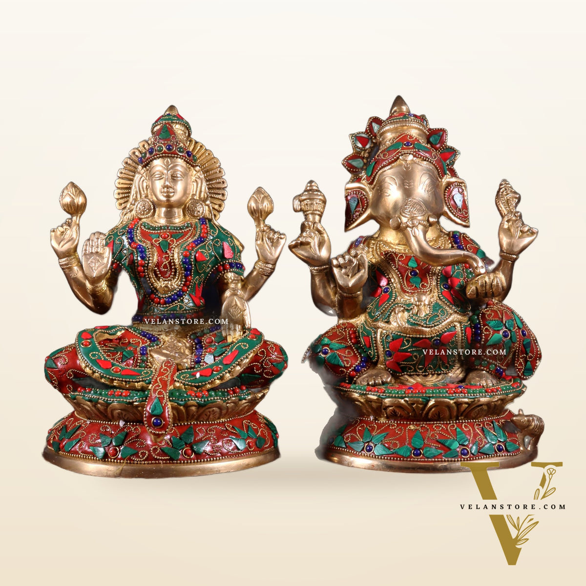 Pure Brass Ganesh Lakshmi Idol Pair – Intricate Floral Stonework 9.5 inch