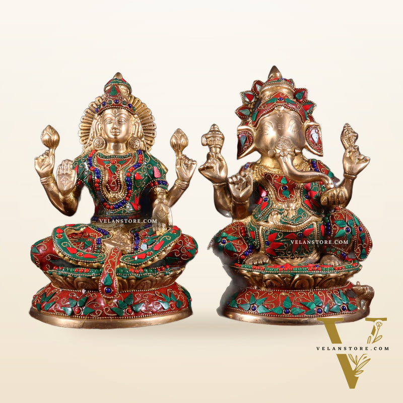 Pure Brass Ganesh Lakshmi Idol Pair – Intricate Floral Stonework 9.5 inch