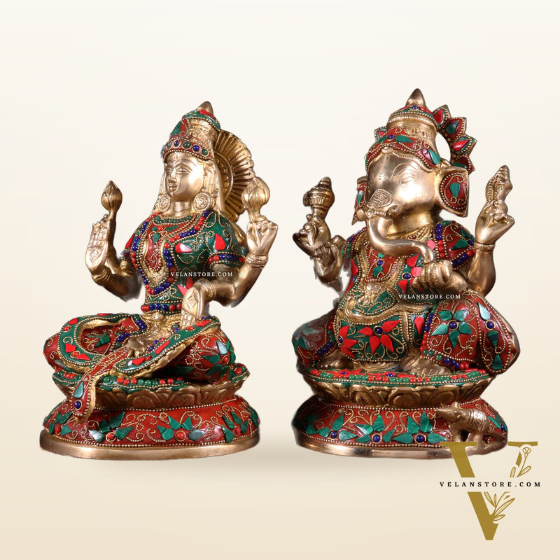 Pure Brass Ganesh Lakshmi Idol Pair – Intricate Floral Stonework 9.5 inch